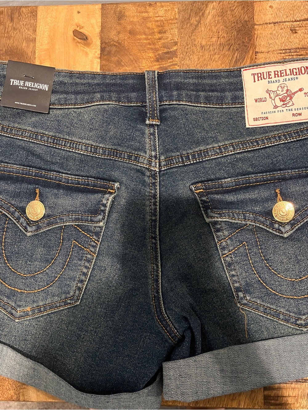 True Religion Dark Blue women’s Denim Jean shorts with Gold Button Detail - Picture 3 of 4